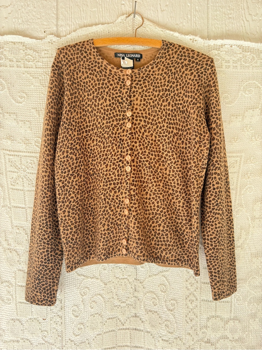 Nina Leonard Tan and Brown Leopard-Print Button Cardigan 70%Wool 20 %Angora Flaw